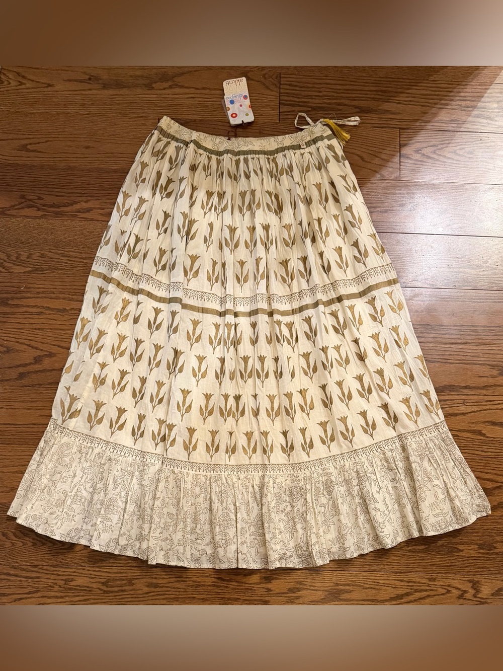 Boho Cream Maxi Skirt with Gold Floral Print
